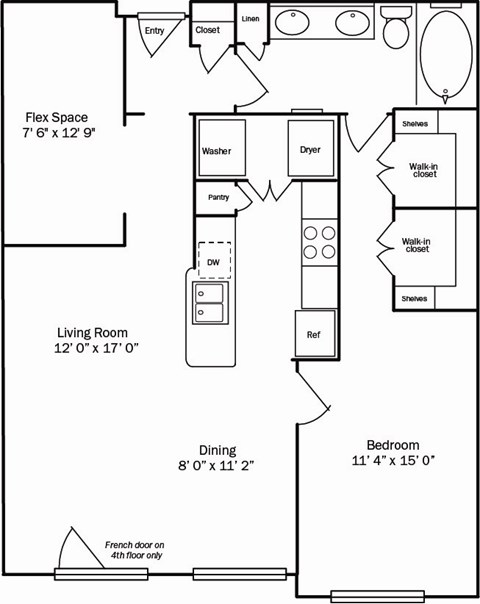 Floor plan for 1 bed, 1 bath, 977 sqft